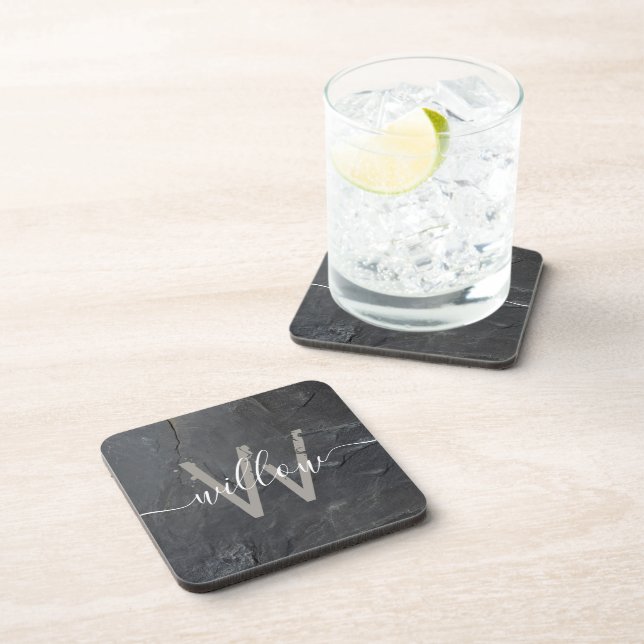 Stylish Charcoal Grey Stone Script Monogram Coaster (Right Side)