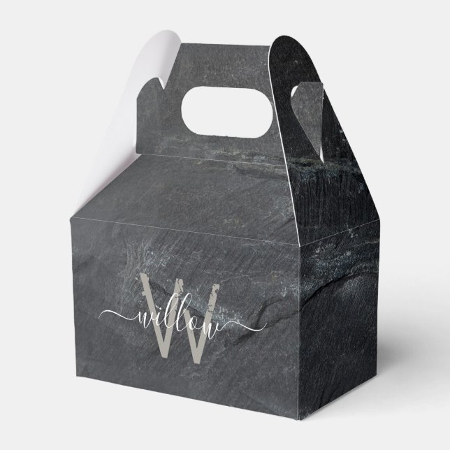 Stylish Charcoal Grey Stone Script Monogram Favor Box (Front Side)