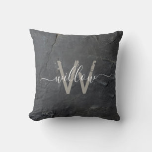 Stylish Charcoal Grey Stone Script Monogram Throw Pillow