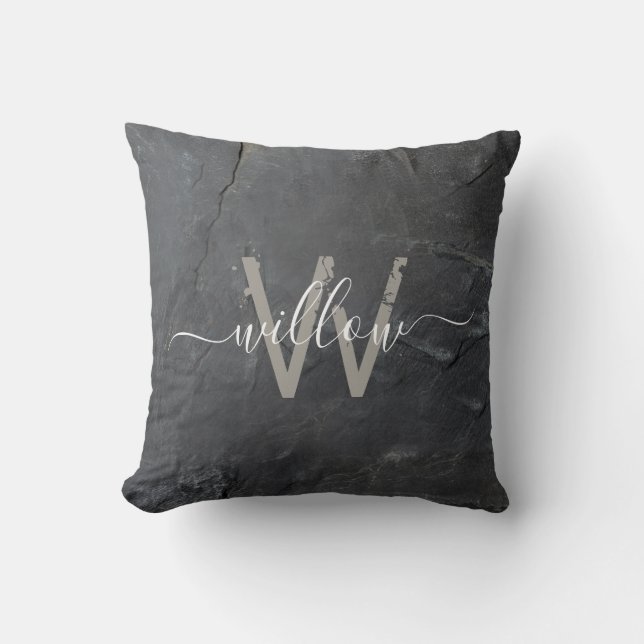 Stylish Charcoal Grey Stone Script Monogram Throw Pillow (Front)
