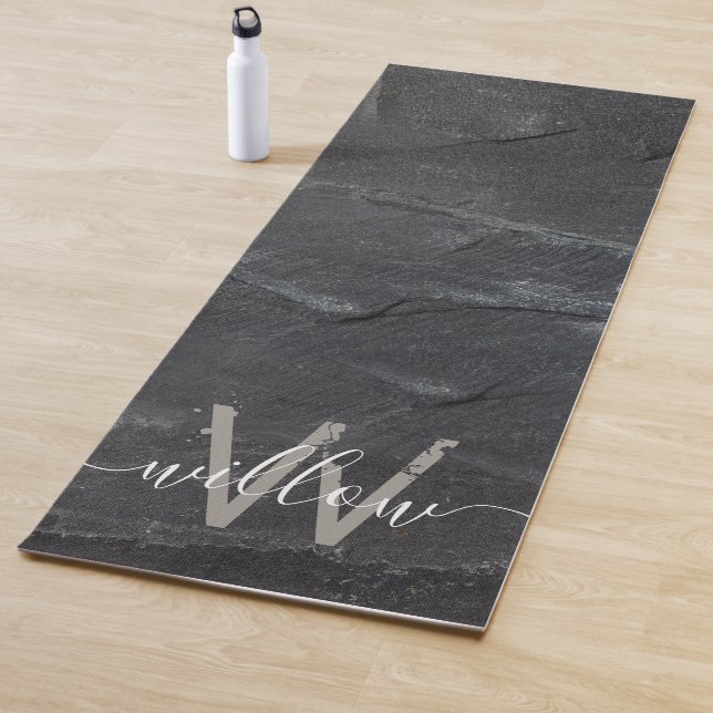 Stylish Charcoal Grey Stone Script Monogram Yoga Mat (In Situ)