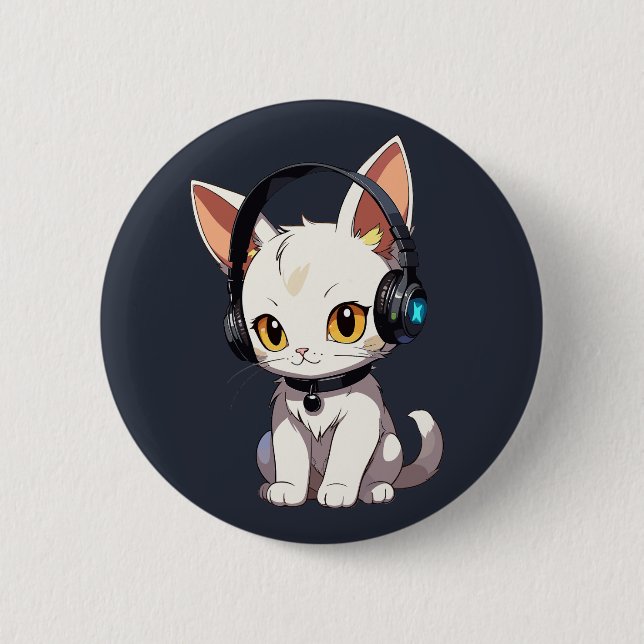Stylish Charming Cat in Headphones 2 Inch Round Button (Front)