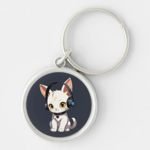 Stylish Charming Cat in Headphones Keychain