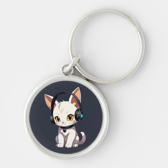 Stylish Charming Cat in Headphones Keychain (Front)