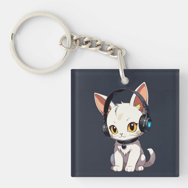 Stylish Charming Cat in Headphones Keychain (Front)