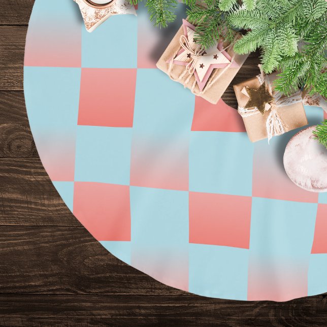 Stylish chequered gradient powder blue coral pink brushed polyester tree skirt (Creator Uploaded)