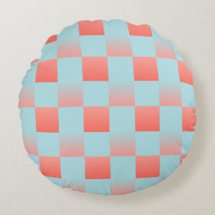 Stylish chequered gradient powder blue coral pink round pillow