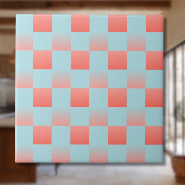 Stylish chequered gradient powder blue coral pink tile (Creator Uploaded)