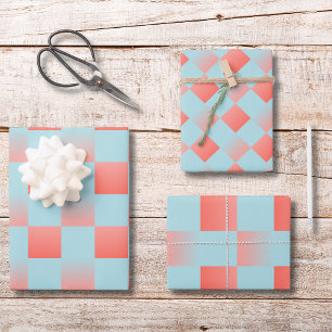 Stylish chequered gradient powder blue coral pink wrapping paper sheet