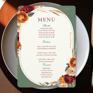 Stylish chic autumn orange sage floral wedding menu