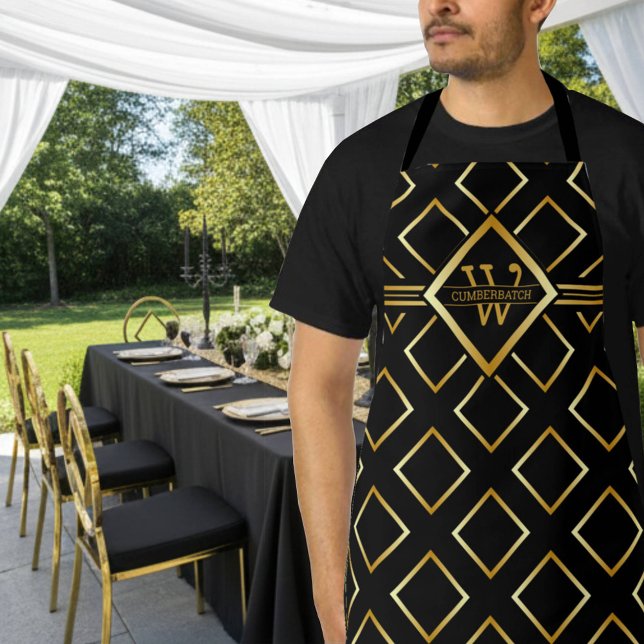 Stylish Chic Black and Faux Gold with Monogram Apron (Creator Uploaded)