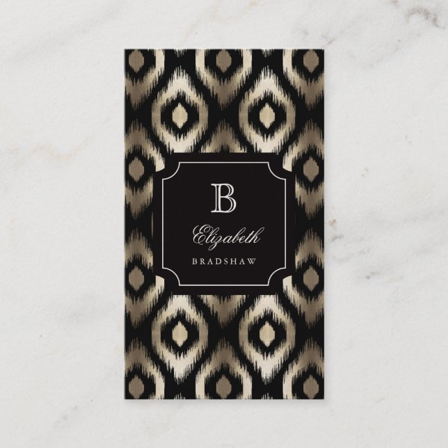 Stylish Chic Black Gold Foil Diamond Ikat Monogram Business Card (Front)