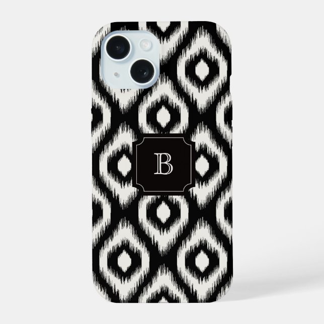 Stylish Chic Black Ivory Diamond Ikat Monogram iPhone 15 Case (Back)