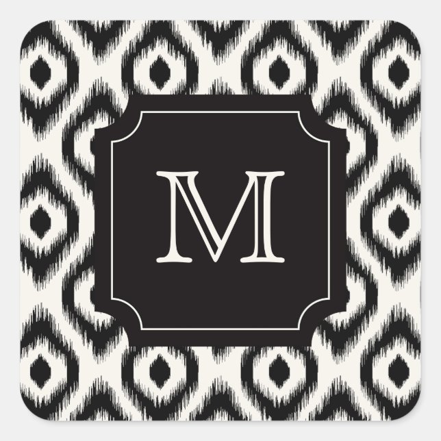 Stylish Chic Black Ivory Diamond Ikat Monogram Square Sticker (Front)