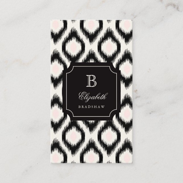 Stylish Chic Black Pink Diamond Ikat Monogram Business Card (Front)