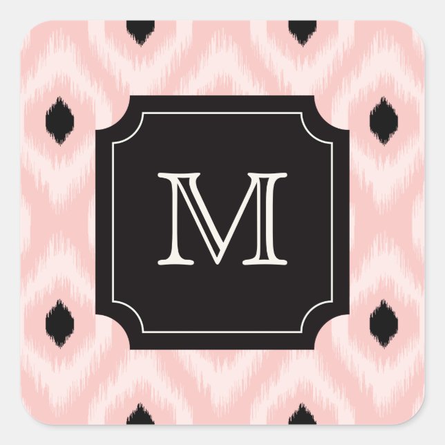 Stylish Chic Black Pink Diamond Ikat Monogram Square Sticker (Front)