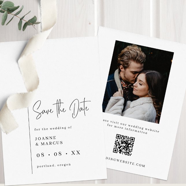 Stylish Chic Black & White Photo & QR Code Save The Date (Creator Uploaded)