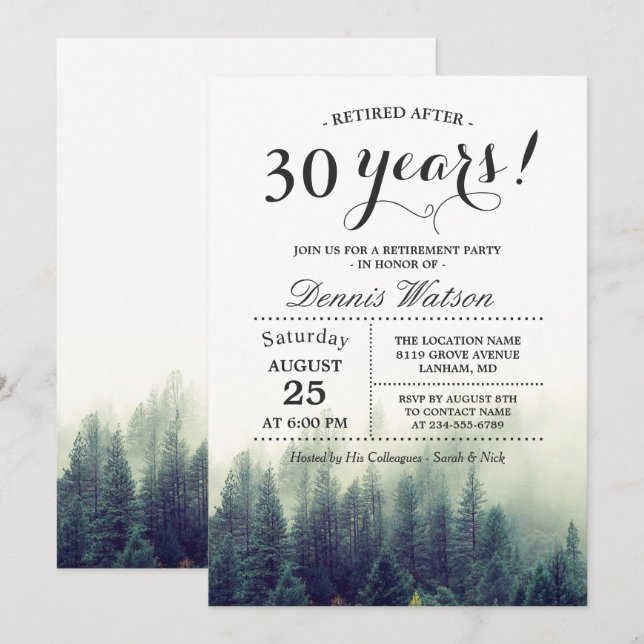 Stylish Chic Forest Pine Trees Retirement Party Invitation (Front/Back)