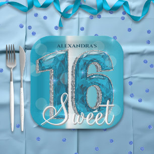 Stylish Chic Glam Blue Sapphire Gemstone Sweet 16 Paper Plate