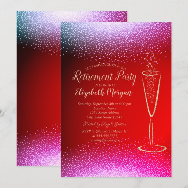 Stylish Chic Gold Confetti Wine Glass  Retirement Invitation (Front/Back)