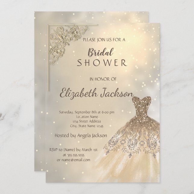 Stylish Chic Gold Glitter Dress  Bridal  Invitation (Front/Back)
