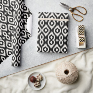 Stylish Chic Mod Black Ivory Diamond Ikat Pattern Wrapping Paper