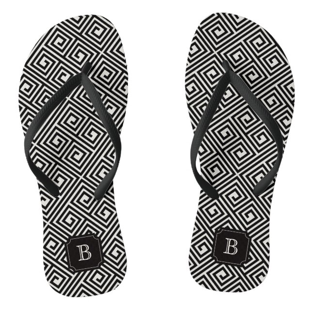 Stylish Chic Modern Black Ivory Greek Key Monogram Flip Flops (Footbed)