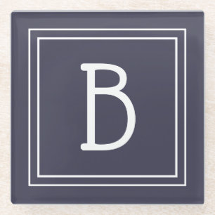 Stylish Chic Monogrammed Dark Blue & White Initial Glass Coaster