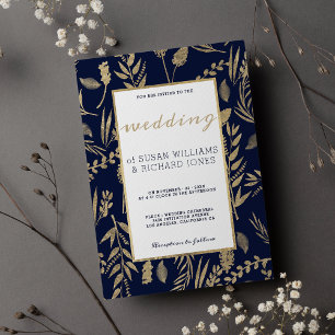Stylish chic navy blue gold floral luxury Wedding Invitation