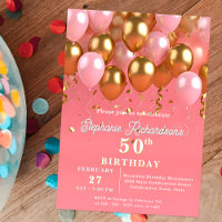 Stylish Chic Pink and Gold Balloons 50th Birthday