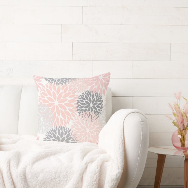 Stylish Chic Pink Grey Flowers Throw Pillow (Couch)