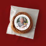 Stylish Chic Red White Christmas Cookie Photo Name Classic Round Sticker<br><div class="desc">This customizable sticker features a charming Christmas design, complete with a personalized message in classic, clean black typography for the message and chic red for the name, all on a simple, stylish white background. The texts are separated by cute, pretty red small watercolor Christmas fruits, enhancing the festive feel. The...</div>