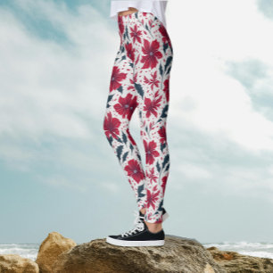 Stylish Chic Red White Poinsettia Floral Pattern  Leggings