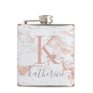 Stylish Chic Rose Gold Foil Marble Monogram Hip Flask