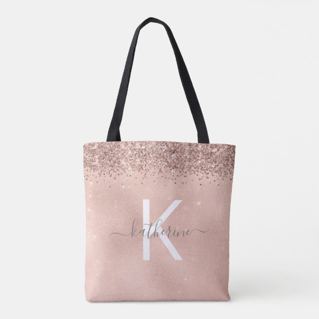 Stylish Chic Rose Gold Glitter Monogram Script Tote Bag (Back)