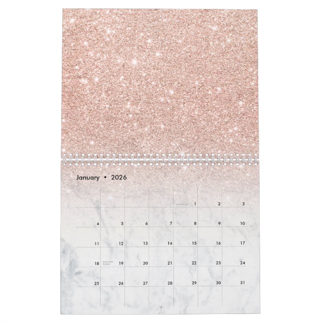 Stylish chic rose gold glitter ombre white marble calendar (Jan 2026)