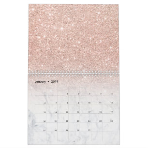 Stylish chic rose gold glitter ombre white marble calendar