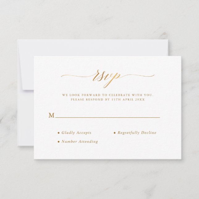 Stylish Chic Script Calligraphy Gold Foil Wedding RSVP Card (Front)