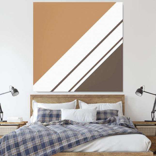 Stylish Chic Two Tone Brown White Diagonal Stripes Canvas Print (Insitu(Bedroom))
