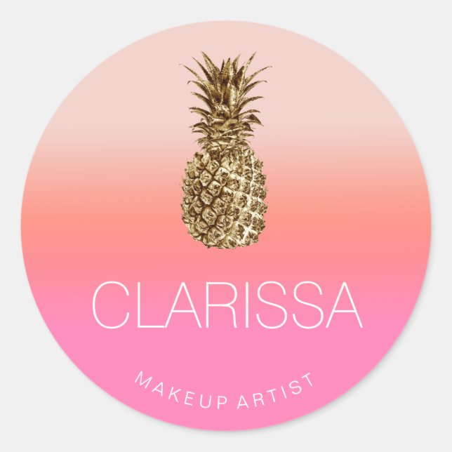 Stylish chick colourful gold pineapple pink makeup classic round sticker (Front)