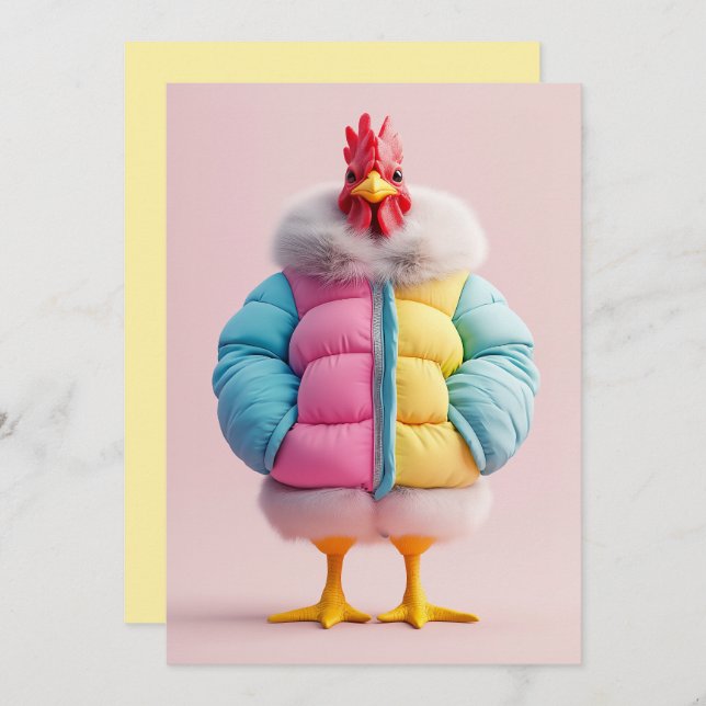 Stylish Chicken in Colourful Winter Puffer Jacket Invitation (Front/Back)