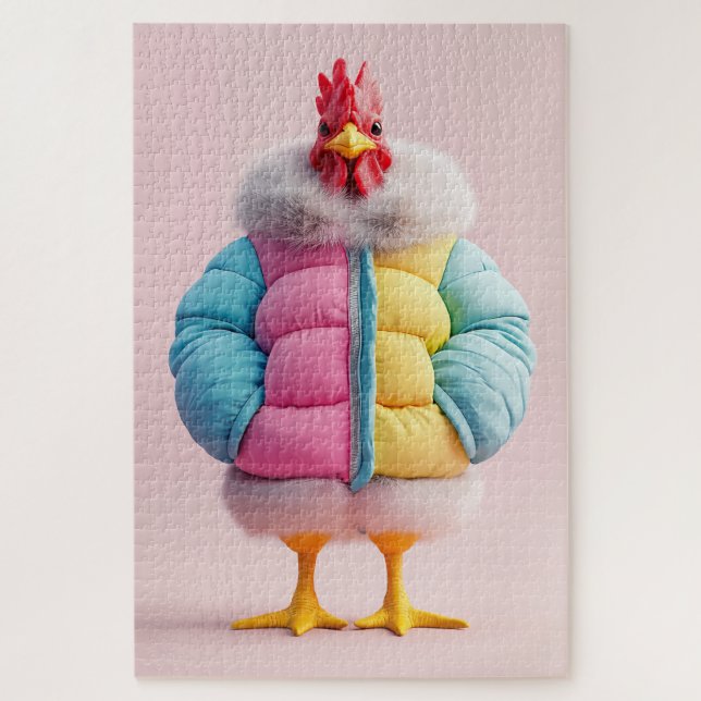 Stylish Chicken in Colourful Winter Puffer Jacket Jigsaw Puzzle (Vertical)