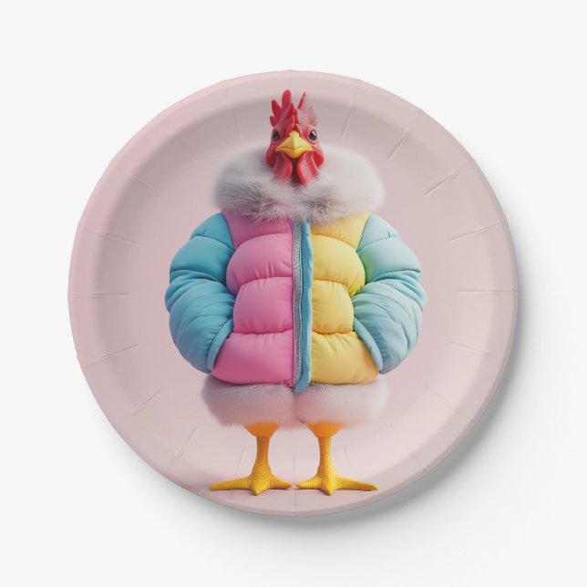 Stylish Chicken in Colourful Winter Puffer Jacket Paper Plate (Front)