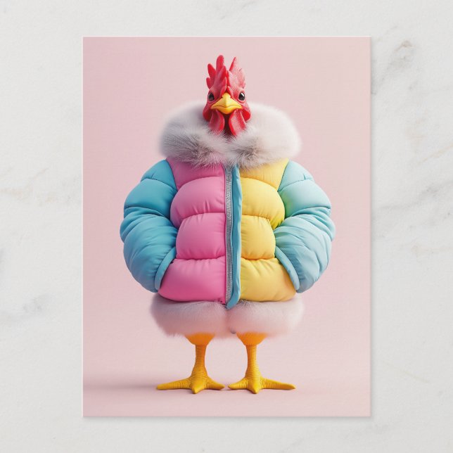 Stylish Chicken in Colourful Winter Puffer Jacket Postcard (Front)