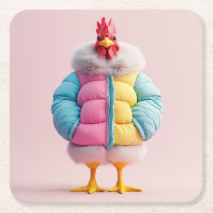 Stylish Chicken in Colourful Winter Puffer Jacket Square Paper Coaster