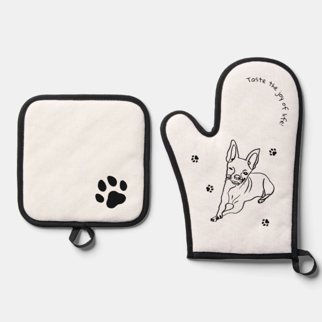 Stylish Chihuahua: Personalised Line Art Oven Mitt & Pot Holder Set (Front)