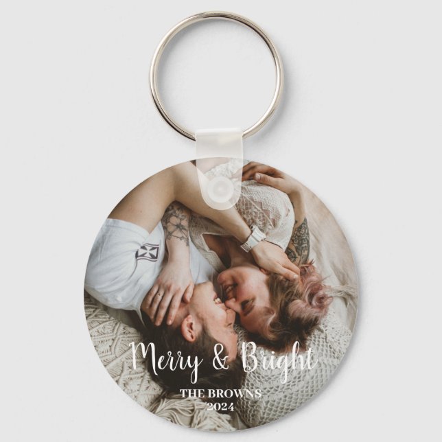 Stylish Christmas Merry Bright Family Photo  Keychain (Back)