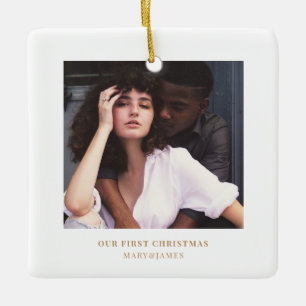 Stylish Christmas Minimal Elegant Couple Photo Ceramic Ornament