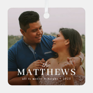Stylish Christmas   Minimal Fun Couple Photo Metal Ornament