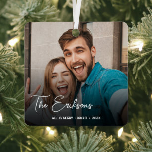 Stylish Christmas   Minimal Fun Couple Photo Metal Ornament